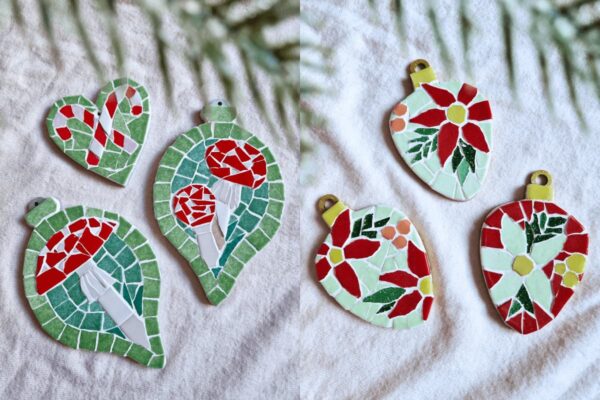 mozaikowe dekoracje świąteczne z grzybkiem muchomorem i gwiazdą betlejemską do zawieszenia na choinkę