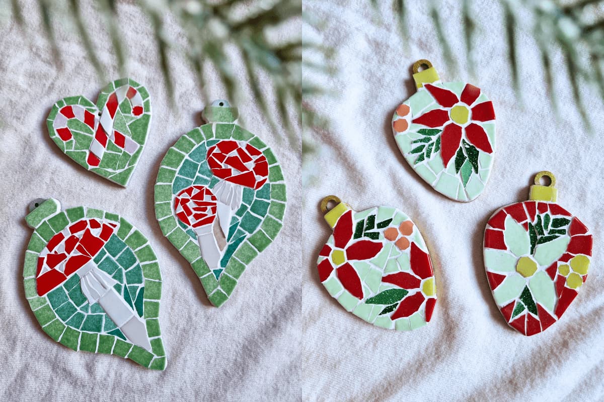 mozaikowe dekoracje świąteczne z grzybkiem muchomorem i gwiazdą betlejemską do zawieszenia na choinkę