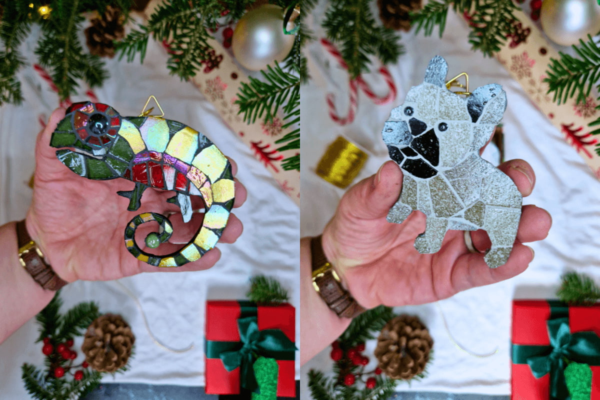 mozaikowe ozdoby do powieszenia np na choinkę. Wykonane z ręcznie ciętgo szkła. Mozaika gekon jaszczurka i pies buldog francuski o jasnym umaszczeniu.