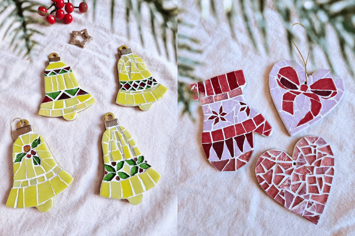 małe zawieszki dekoracyjne w formie żółtych dzwoneczków oraz różowych serc i rękawiczki. Wykonane z ręcznie ciętej mozaiki szklanej i ceramicznej. unikatowe dekoracje na boże narodzenie